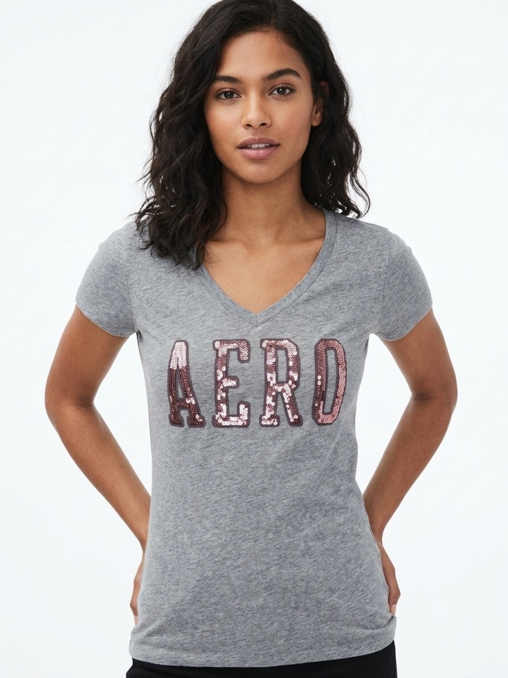 Aeropostale Gray V-Neck Tee with Pink Sequin AERO